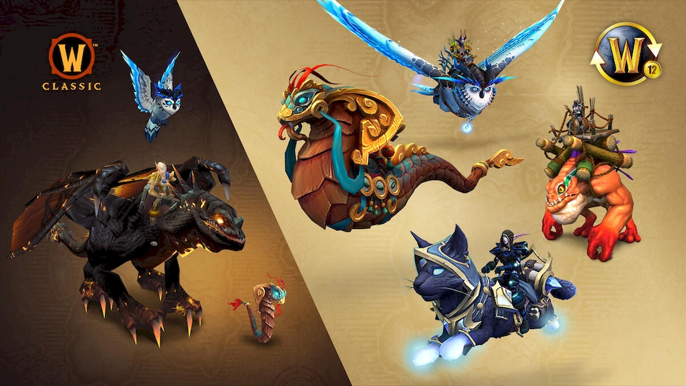 WoW 12-month subscription promo image, featuring the Timbered Sky Snake (flying cobra mount with fawn belly, teal back, and Pandaria-style ornate golden armour), Startouched Furline (flying black cat mount with glowing blue-white paws and eyes and dark hooded raiment), Gigantic Grrloc (tangerine murloc brute mount with makeshift saddle that looks like it was built from driftwood) and Charming Courier (blue and white owl mount with sparkling effects).